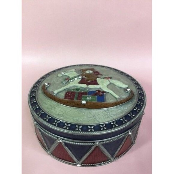 Vintage Christmas Treasure/Jewelry Box Enamelled With Mirror In Drum Shape 7" - Picture 1 of 13